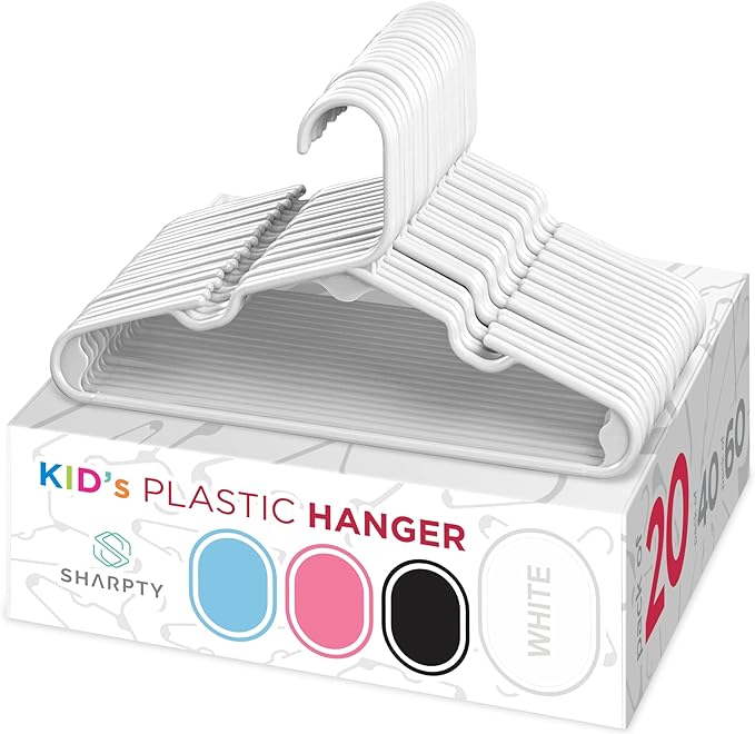 Sharpty Kids Plastic Hangers, Children's Hangers for Baby, Toddler, and Child Clothes - Everyday Standard Use - Ideal for Boys and Girls Closet, Clothing, Pants, Coats, and More - White, 20 Pack by Sharpty