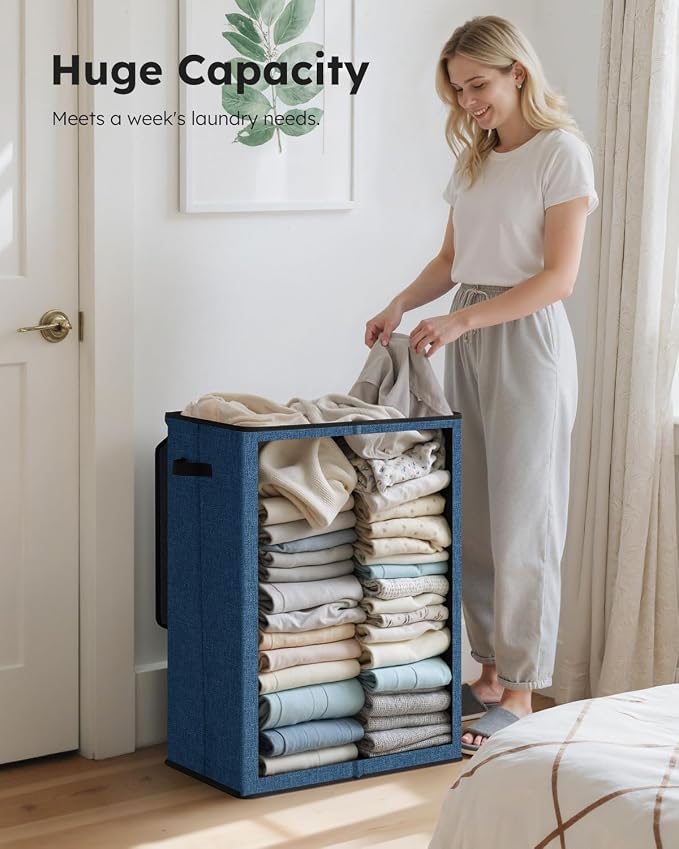 SOLEDI Laundry Hamper with Lid 130L Large & Tall Collapsible Laundry Basket, Clothes Hamper with Bag Removable Easy to Carry, Dirty Hampers for Bedroom, Bathroom, Dorm, College, Blue - Image 3