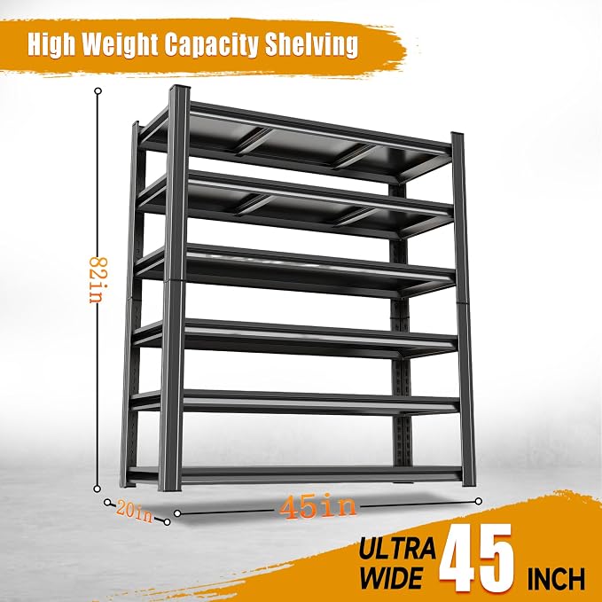 46" W Garage Shelving,6-Tier Heavy Duty Shelving, 3500 lbs Capacity Garage Storage Shelves, Industrial Shelves for Heavy Tools and Equipment, Ideal for Garage, Basement, Black 82" H x 46" W x 20" D - Image 3