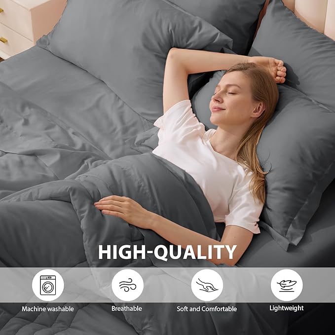 Queen Comforter Set Dark Grey - Bed in a Bag Queen Size 7 Pieces, Soft Bedding Set for All Seasons, Premium Queen Comforter Set with Comforter, Sheets, Pillowcases & Shams