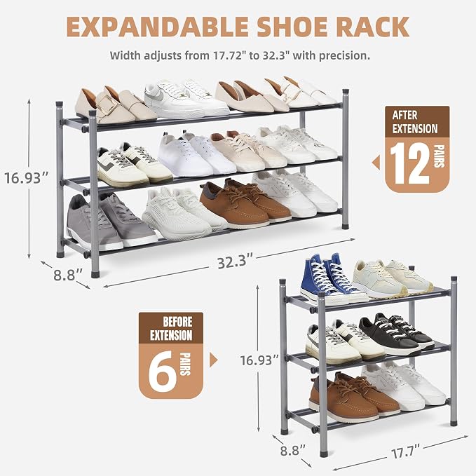 STORAGE MANIAC Expandable Shoe Rack, 12 Pairs Stackable Small Shoe Rack, Metal Adjustable Shoes Organizer for Closet, Entryway, Hallway, Garage, Front Door, Shoes Shelves, Black 3 Tier - Image 3