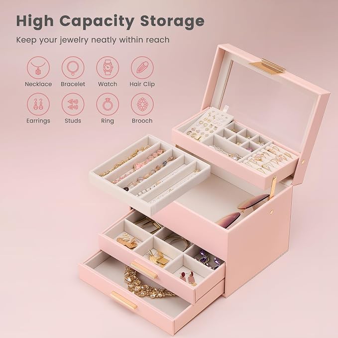 Lolalet Jewelry Box, Clear Window Jewelry Organizer with Drawer for Earrings Bracelets Necklaces Rings, Jewelry Storage for Women -Pink, 4 Layers - Image 2