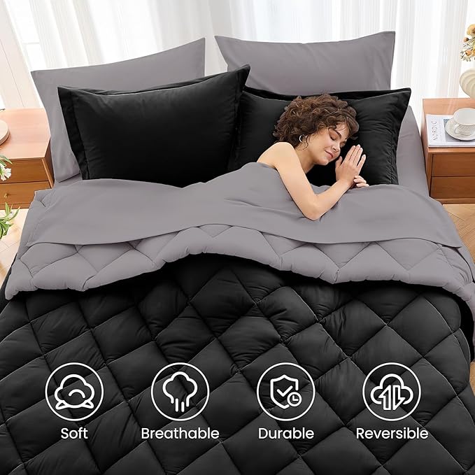 MUXHOMO 5 Pieces Twin Comforter Set, Reversible Bed in a Bag Twin Size, All Season Bedding Set with Comforter, Flat Sheet, Fitted Sheet, Pillowcases & Shams, Black & Soot