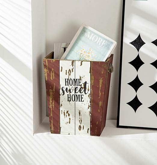 Small Wood Trash Can Wastebasket, Farmhouse Rectangular Garbage Can Waste Basket, Rustic Distressed Wooden Trash Recycling Bin with Metal Handles, Home Sweet Home Wood Storage Basket (Distressed) - Image 7