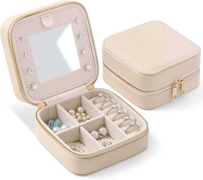 Genuine Leather Travel Jewelry Organizer Case with Mirror for Women, Small Mini Portable Jewelry Box for Ring Earrings Necklace Bracelet Luxury Gift for Women（Beige） by NGVRC