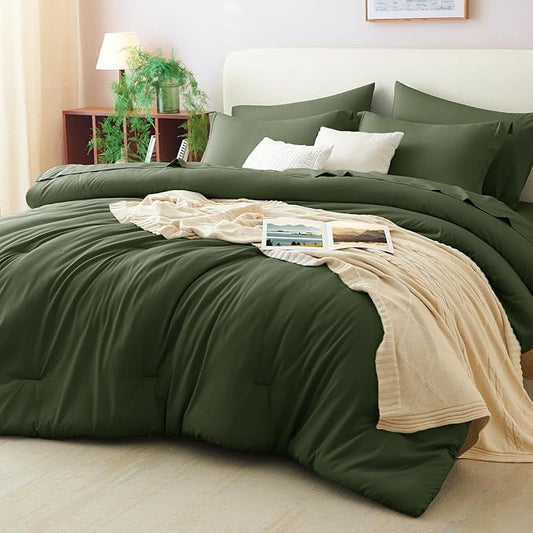 CozyLux Queen Comforter Set Olive Green, 7 Pieces Bed in a Bag Queen Comforter Set with Sheets, Luxury Soft Bedding Sets with Down Alternative Comforter, Fitted Sheet, Flat Sheet, Pillowcases & Shams