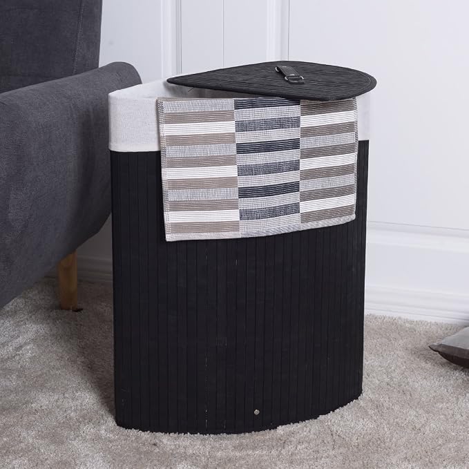 GOFLAME Corner Bamboo Laundry Hamper with Lid and Removable Liner, Washing Clothes Basket Storage Bin with Handle, Suitable for Bedroom, Bathroom, Laundry (Black) - Image 2