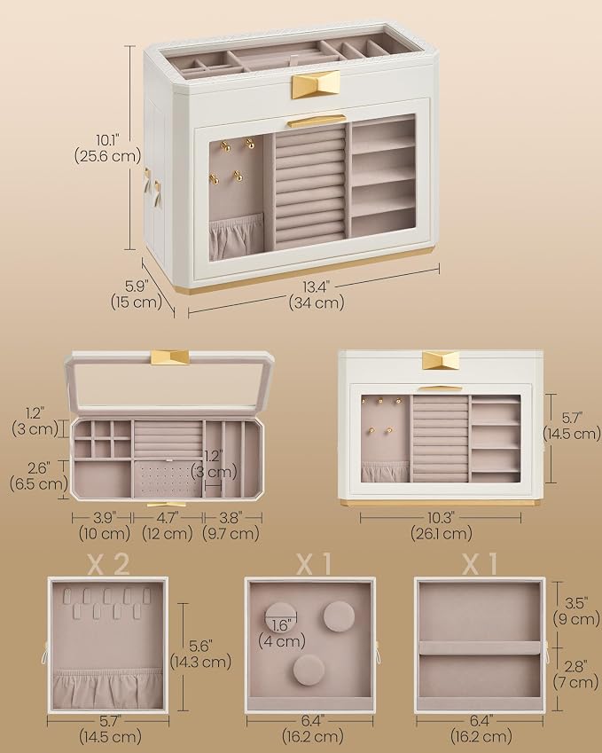 SONGMICS HOME Large Jewelry Box, Vertical Jewelry Organizer with Glass Windows, Jewelry Pouch, 4 Side Drawers, Woven Embossed PU Leather, Gift Idea, Cloud White UJBC203W01 - Image 5