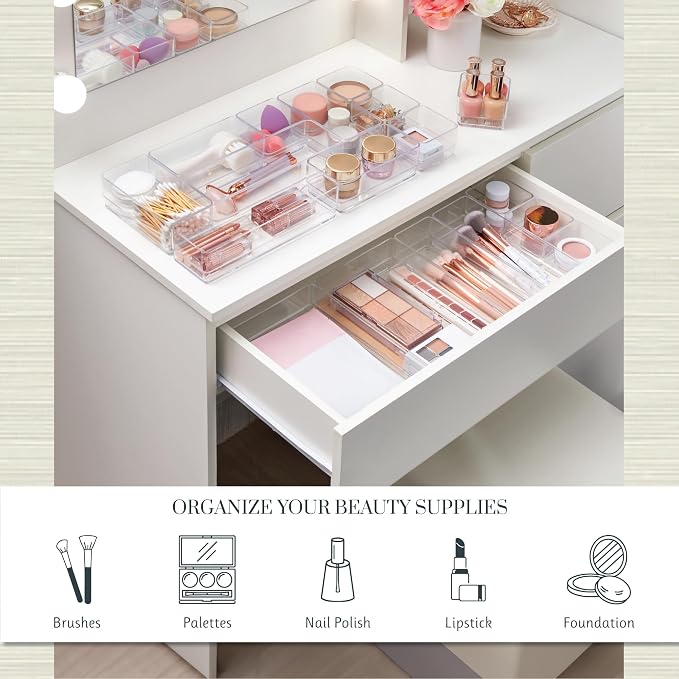 STORi SimpleSort 18-Piece Stackable Clear Drawer Organizer Set | Multi-size Trays | Makeup Vanity Storage Bins and Office Desk Drawer Dividers | Made in USA - Image 3