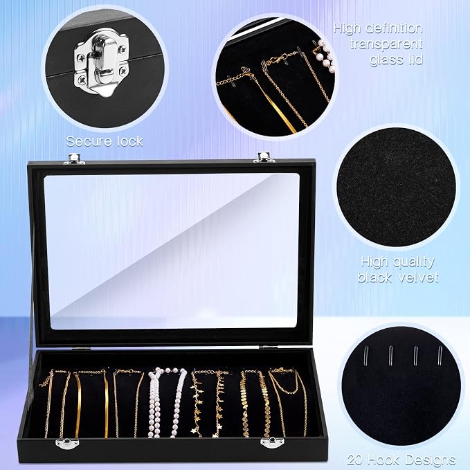 Kenning 2 Pieces Glass Lid Necklace Organizer Box 20 Hooks Necklace Tray Jewelry Holder Organizer Velvet Necklaces Holder Storage Display Case for Show Bracelet - Image 3
