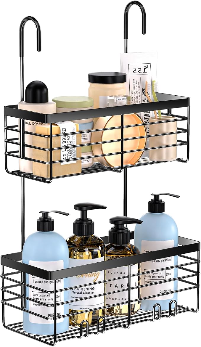 YUOROS Hanging Shower Caddy, 2 Tier Over the Door Shower Organizer Rack Organizer Stainless Steel Rustproof (Black) by YUOROS