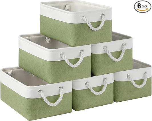 Storage Baskets for Shelves 13.8x9.8x6.7 Inch, Foldable Fabric Storage Bins with Handles, Small Storage Baskets for Organizing Closet, Office, Home Organization (6-Pack, White&Green) by VQRTEXAStorageBasket
