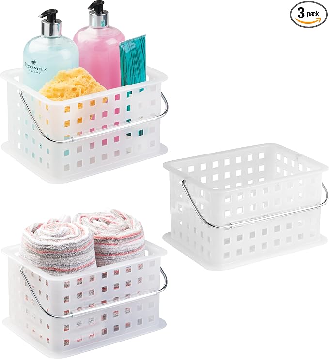 iDesign Portable Shower Caddy Basket with Handle for Dorm or Bathroom, Set of 3, Frost, Made in USA by iDesign