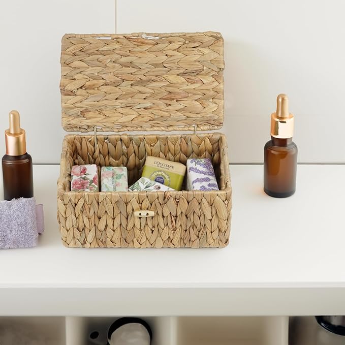 Small Wicker Basket with Lid, Natural Water Hyacinth Storage Baskets for Organizing, Rectangular Woven Basket for Storage, Decorative Boxes Bins with Lids and Built-in Handles (10.2" x 6.3" x 3.9") - Image 4