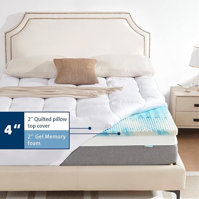 SINWEEK Dual Layer 4 Inch Memory Foam Mattress Topper, Queen Size, 2 Inch Cooling 5-Zone Gel Memory Foam Plus 2 Inch Extra Thick Pillowtop Cover, Pressure Relieve Soft Mattress Pad,Light Blue