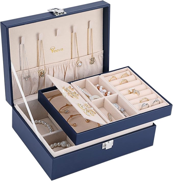 Voova Jewelry Box Organizer for Women Girls, 2 Layer Large Men Jewelry Storage Case,PU Leather Display Jewellery Holder with Removable Tray for Necklace Earrings Rings Bracelets，Vintage Gift，Navy Blue by Voova