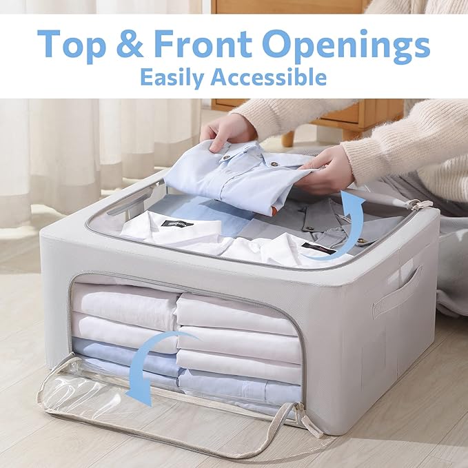 CYhom 3Pack Frame Storage Box - Clothes Storage Bin Bags Oxford Fabric Foldable Stackable Container Organizer Set with Clear Window & Carry Handles (Grey, Medium-44L) - Image 2