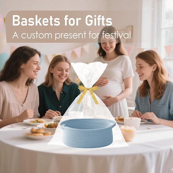 JMvicyroam Woven Basket,Small Rope Storage Bin with Handles & Ribbon Bag, Organizer for Shelves Closets,Gift Basket Empty for Birthday,Books,Dog Toys, Blue - Image 4