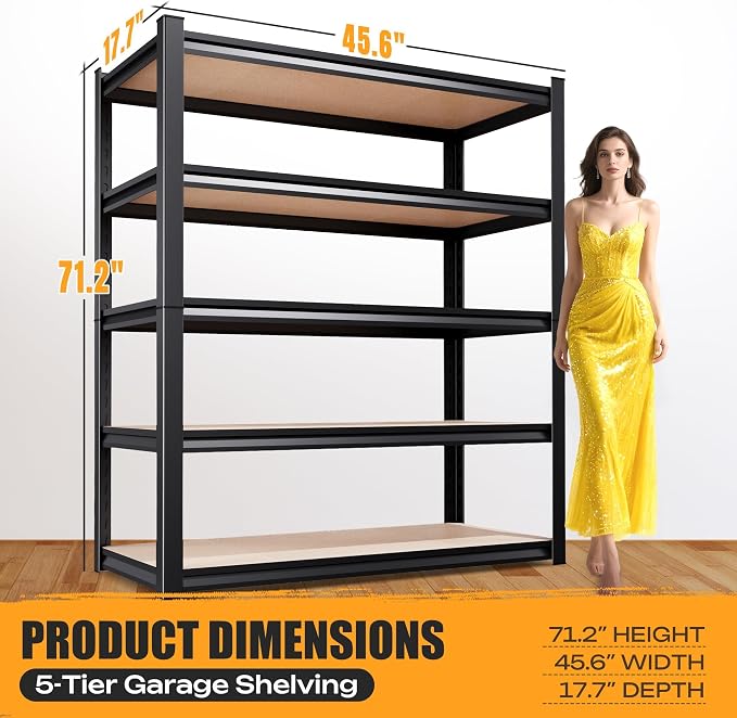 71.2" H Garage Shelving Heavy Duty Storage Shelves, Metal Adjustable Shelving Unit, Utility Garage Organizer Shelf for Basement, Pantry, Kitchen, Warehouse, 45.6" Wx17.7 Dx71.2 H, Black - Image 3