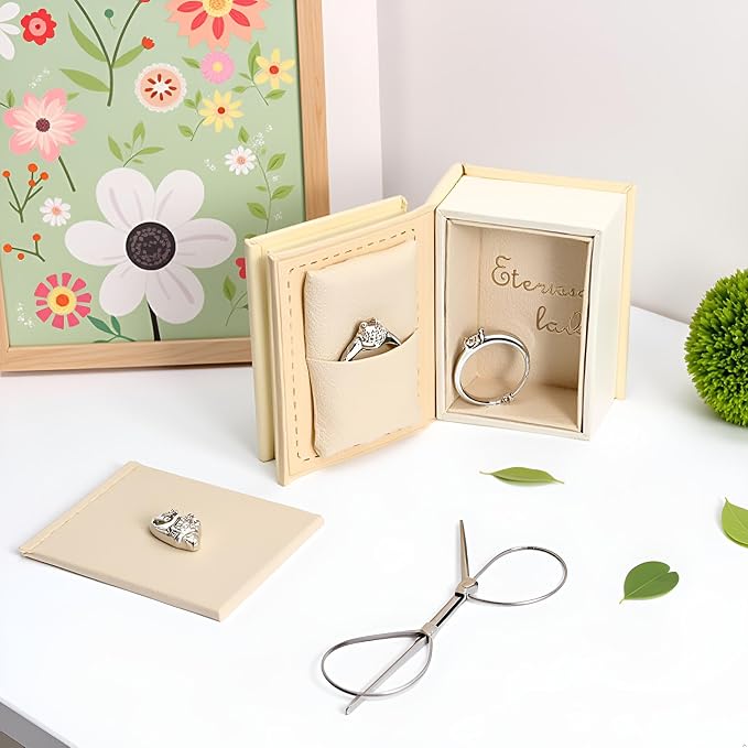 Book Shaped Ring Box - Vintage Engagement Ring Box with Hinged Lid for Proposal Engagement Wedding, Proposal Ring Case -PRB016-Yellow - Image 6