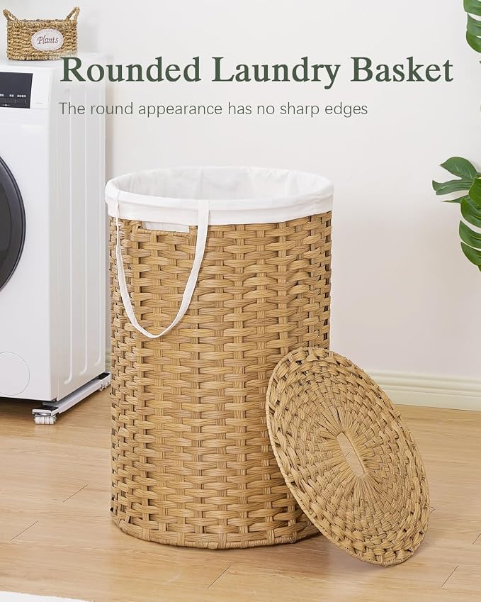 SETVSON Large Laundry Hamper Laundry Basket Round 34.3 Gal (130 L) Handwoven Wicker Laundry Baskets Rattan Laundry Basket with Laundry Bag Handles 2 Mesh Bags for Living Room Bedroom Natural - Image 2