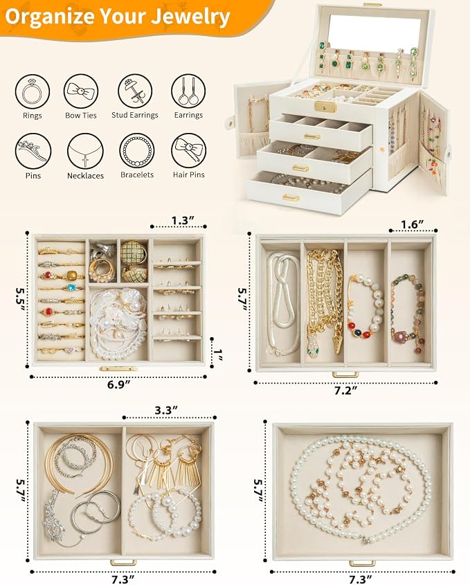 AKOZLIN Large 4-Tier Jewelry Box Leather Jewelry Storage Organizer with 3 Drawers Lockable for Women Girls Ring Necklace Earring Bracelet Watches Holder with Mirror White - Image 3