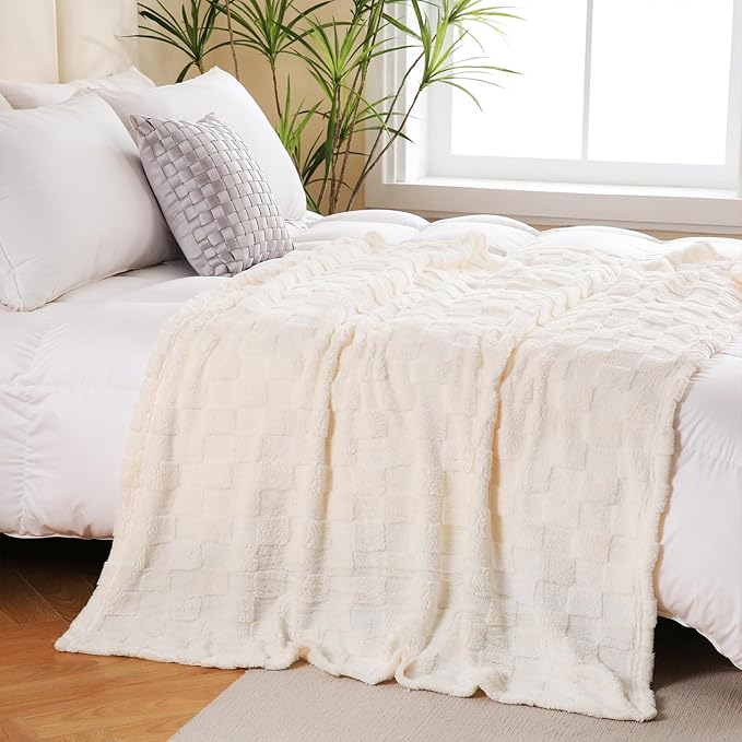 Cream White Fleece Throw Blanket 90”×90” for Couch Sofa Bed,Super Soft Cozy Plush Microfiber Flannel Blanket with 3D Checkered Design Lightweight for Adults,Woman,Girls