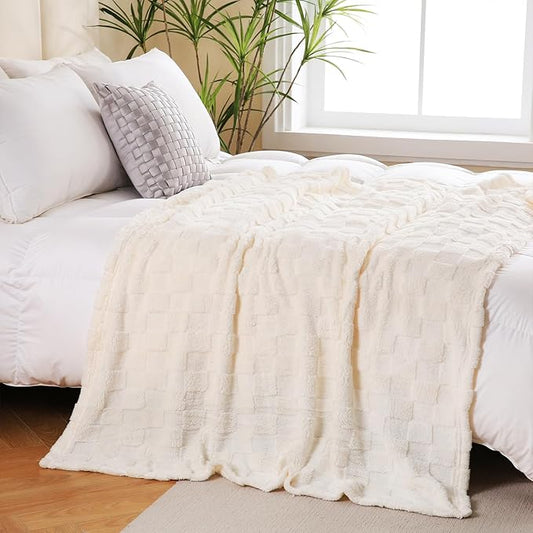 Cream White Fleece Throw Blanket 90”×90” for Couch Sofa Bed,Super Soft Cozy Plush Microfiber Flannel Blanket with 3D Checkered Design Lightweight for Adults,Woman,Girls