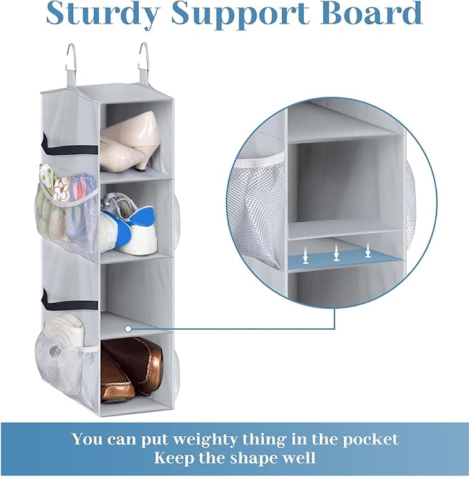 SLEEPING LAMB Short Hanging Shoe Organizer for Closet Storage with Mesh Side Pockets Holds 8 Pairs, Hanging Shoe Rack Hanger RV, Camper, Grey - Image 6