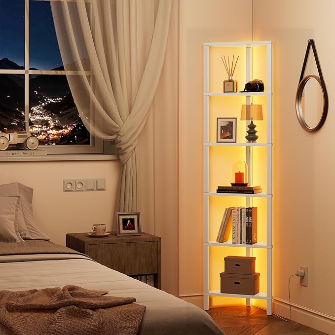 TUTOTAK 6-Tier Corner Bookshelf with LED Light,Corner Shelf for Small Space, Narrow Display Corner Shelf Stand with Storage Rack, for Living Room, Bedroom, Pure White V1BS05BW006L - Image 3