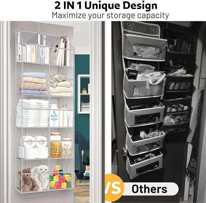 Over the Door Organizer 5 Tiers,Extra Large Behind Door Storage of 10 Compartments,50 lbs Weight Capacity Over the Door Storage, Clear Door Hanging Organizer for Closet, Diaper Organizer - Image 3