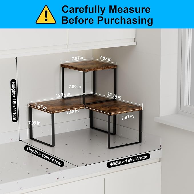 Golener Countertop Organizer Corner Shelf, 2 Tier Adjustable Stackable Corner Shelves for Kitchen, Bathroom, Spice Rack, Coffee Area, Cabinet, Dresser Table, Corner Counter Shelf Stand, Rustic Brown - Image 2