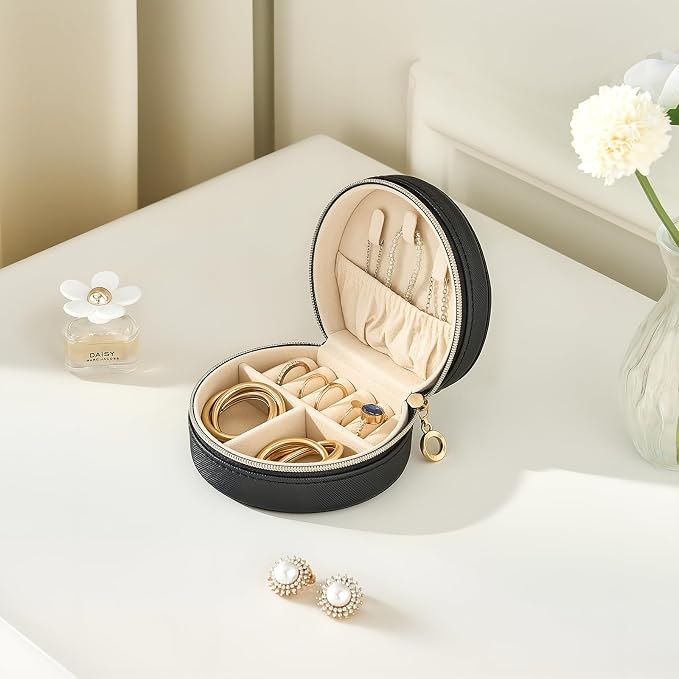 ProCase Travel Size Jewelry Box, Mini Portable Seashell-Shaped Jewelry Case, 2 Layer Organizer in PU Leather for Women -Black - Image 7