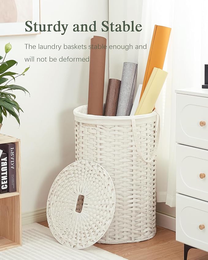 SETVSON Large Laundry Hamper Laundry Basket Round 34.3 Gal (130 L) Handwoven Wicker Laundry Baskets Rattan Laundry Basket with Laundry Bag Handles 2 Mesh Bags for Living Room Bedroom White - Image 6