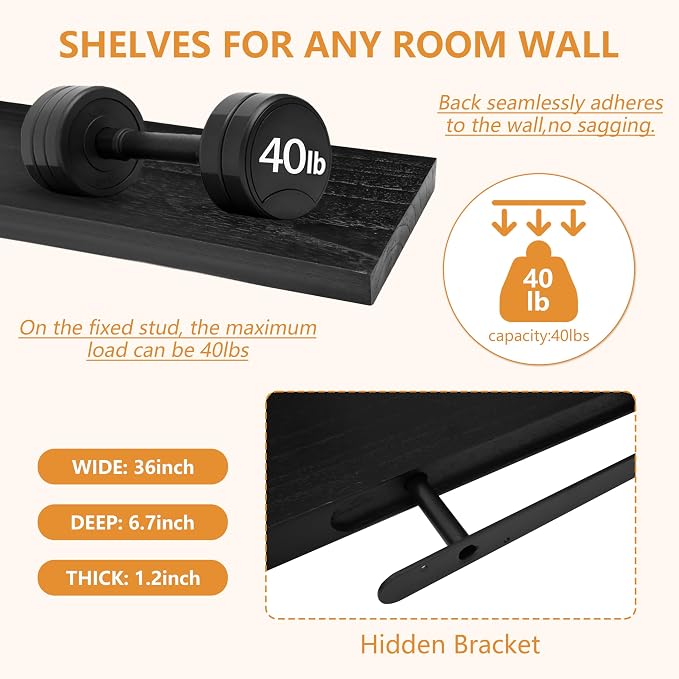 ROGMARS Black Floating Shelves for Wall 36 inch,Rustic Solid Wood Farmhouse Wooden Floating Wall Shelves with Invisible Brackets for Bedroom,Living Room, Kitchen, Bathroom,Set of 4 - Image 7
