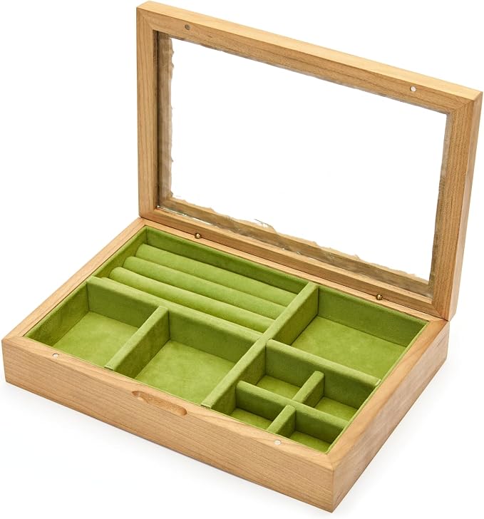 pandapark Wooden Jewelry Box with Glass Lid, Multi-Compartment Storage Display Case, Walnut Brown (Green Cherry) - Image 5