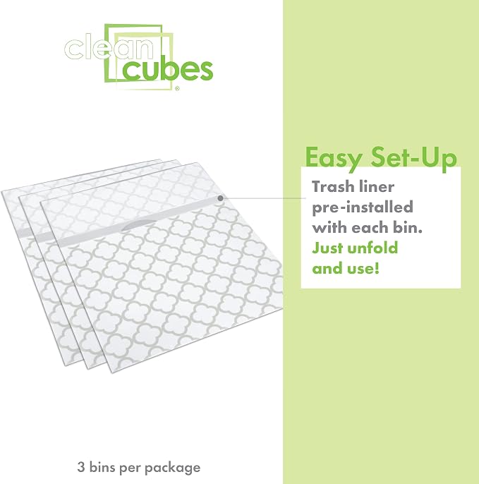 Clean Cubes 13 Gallon Disposable Pop-Up Trash Cans (3-Pack) with Fitted Bags – Foldable Garbage & Recycling Bins for Parties, Events & Kitchen (Trellis, 17" H x 13.5" W x 10" D) - Image 3