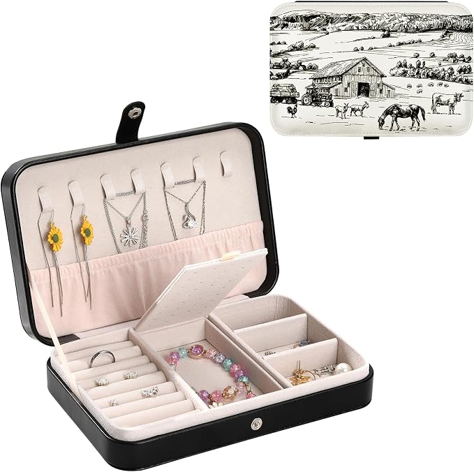 Personalized Travel Jewelry Box Western Farm Animals Portable Small Jewellery Storage Organizer for Women Earring Ring Bracelet Case Gift for Birthday Christmas Valentines Easter by Unknown