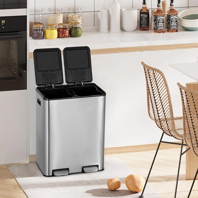 FDW Trash Can, 60 Liter (2x30L) 16 Gallon Stainless Steel Step Can, Rectangular Trash Can with Inner Buckets and Hinged Lids, Suitable for Kitchen Office Home Use,Silver - Image 2