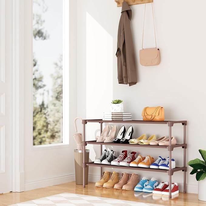 34" Widening Design Shoe Rack for Closet 16 Pairs Small Spaces Non-Woven 3 Tier Shoe Organizer Stackable Metal Shoe Shelf for Entryway, Bedroom Brown - Image 2