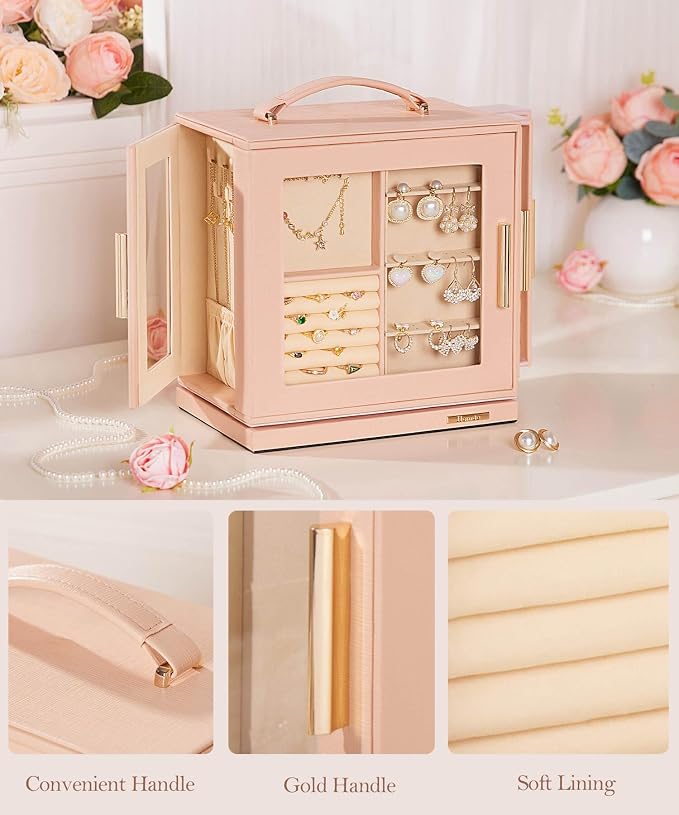 Homde Jewelry Box 360° Rotating, Necklace Earring Organizer with Transparent Window, Mirror, 7 Drawers, Large Ring Display Storage Case for Girls Women (Peach Pink) - Image 5