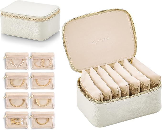 VLANDO Travel Jewelry Box Organizer – Portable PU Leather Jewelry Case with 6/8/12 Zippered Pouches, Compact Storage for Earrings Rings Necklaces Bracelets, Offwhite by VLANDO