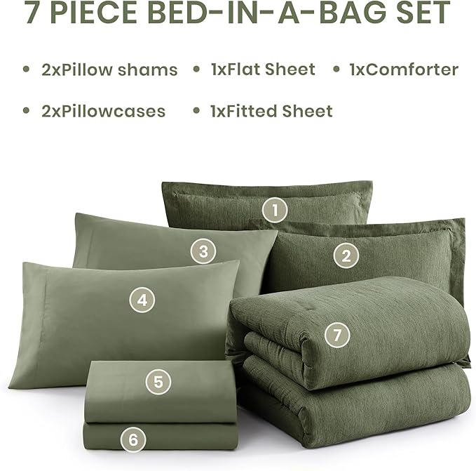 Monbix Super King Comforter Set, Olive Green Cationic Dyeing Bedding Set Reversible, Bed in a Bag 7 Pieces with Comforter, Sheets, Pillowcases & Shams