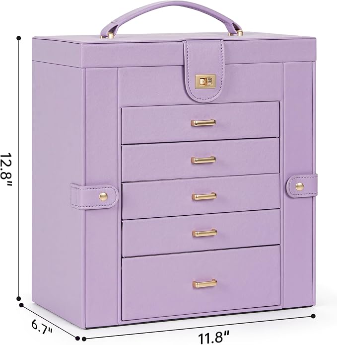 AKOZLIN Extra Large 6-Tier Jewelry Box Organizer Functional Huge, 5 Drawers Leather Jewelry Storage Case for Women Girls Ring Necklace Earring Bracelet Holder Organizer with Mirror Violet - Image 3