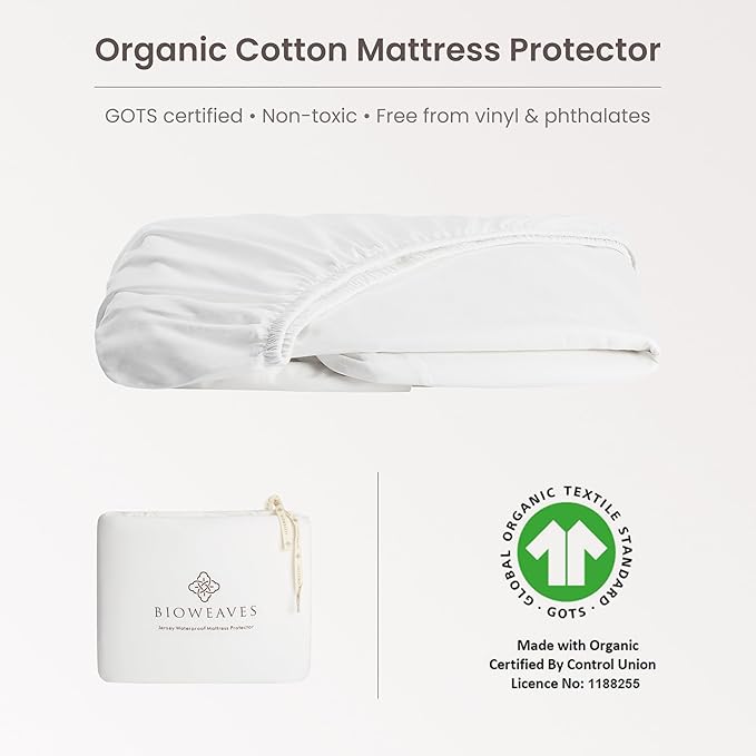 Bioweaves Organic Cotton Jersey Twin Waterproof Mattress Protector Pad |39" x 75"| GOTS Certified Fitted Mattress Cover with Cotton Skirt, Breathable & Noiseless Top Layer, 17 Inch Deep Pocket, White