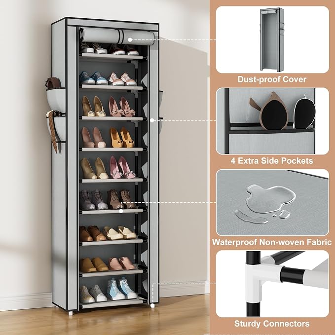 VILICK Shoe Rack with Cover Narrow Shoe Rack Organizer with 4 Side Pockets 10 Tier Tall Shoe Storage Shoe Shelf Holds 18-22 Pairs Shoes and Boots Shoe Rack for Closet, Grey - Image 4