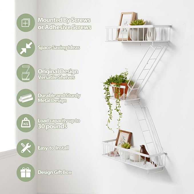 SweetSage Fire Escape Wall Shelf White - Modern New York City Wall Decorative Display Ladder Floating Shelves for Bedroom, Home Decor, Action Figure Display (2.5-Tier) - Image 3