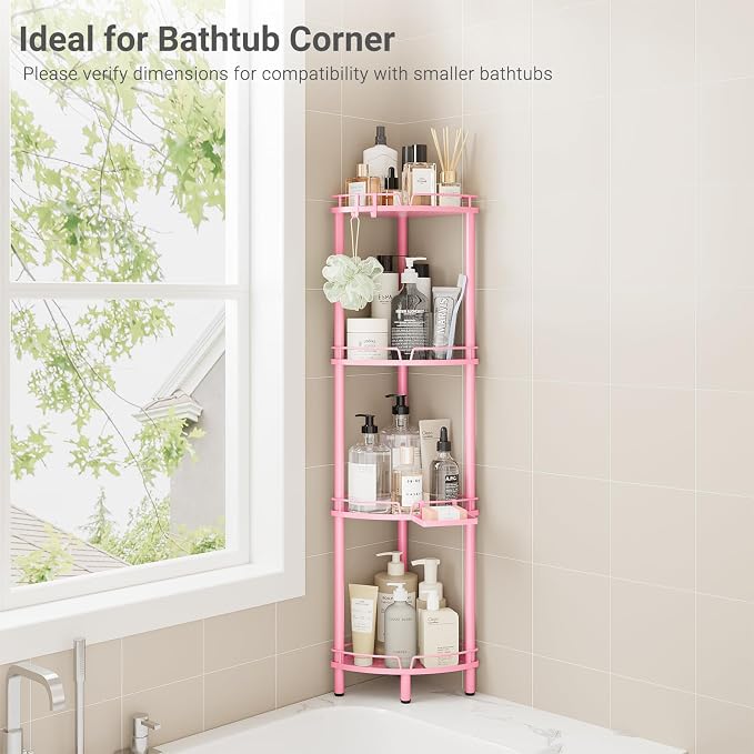 ELYKEN Corner Shower Caddy Standing, 4 Tier Rustproof Metal Shower Organizer with Soap Holder, Floor Shower Corner Shelf Rack Storage Stands with Adjustable Feet & 2 Hooks for Bathroom, Pink - Image 8