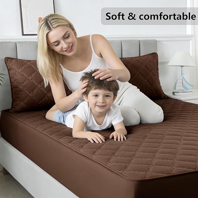 Waterproof Mattress Protector - Queen Size Mattress Pad Silent & Fitted Sheet Style | Full Bed Protection for Kids, Pets, Adults | Hypoallergenic, Machine Washable (Chocolate, Queen)