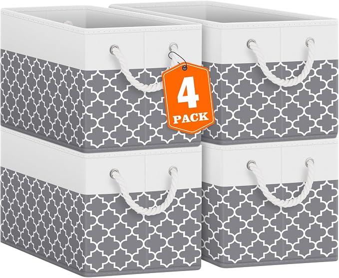 Fab totes Storage Bins [4-Pack], Foldable Storage Baskets for Organizing Toys, Books, Shelves, Closet, Large Storage Box with Rope Handles, Sturdy Organizer Bins,Clover Grey by Fabtotes